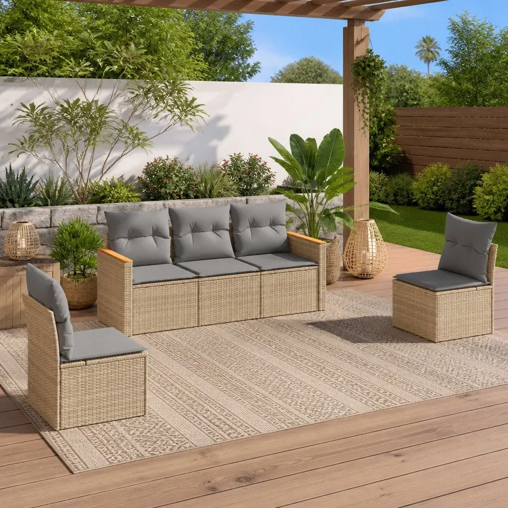 Garden Sofa Set 5 Piece Outdoor Furniture Beige Poly Rattan Patio Seating