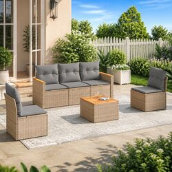 Beige Poly Rattan 6-Piece Garden Sofa Set for Outdoors