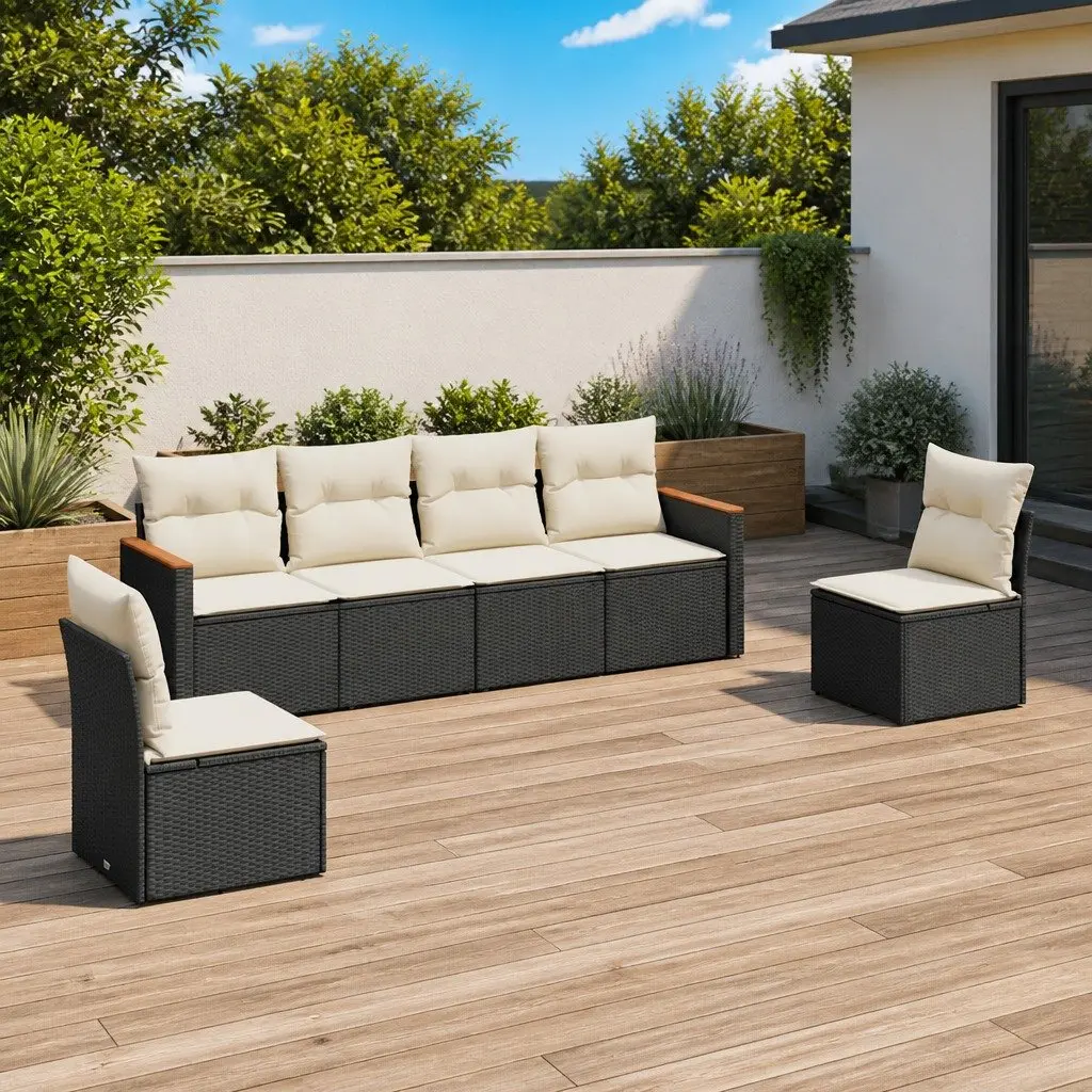 6-Piece Black Modular Rattan Garden Sofa Set