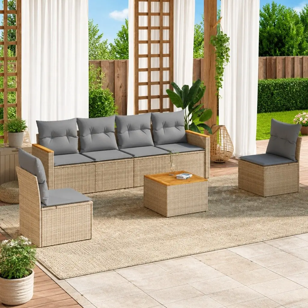 7 Piece Garden Sofa Set PE Rattan Beige Acacia Wood