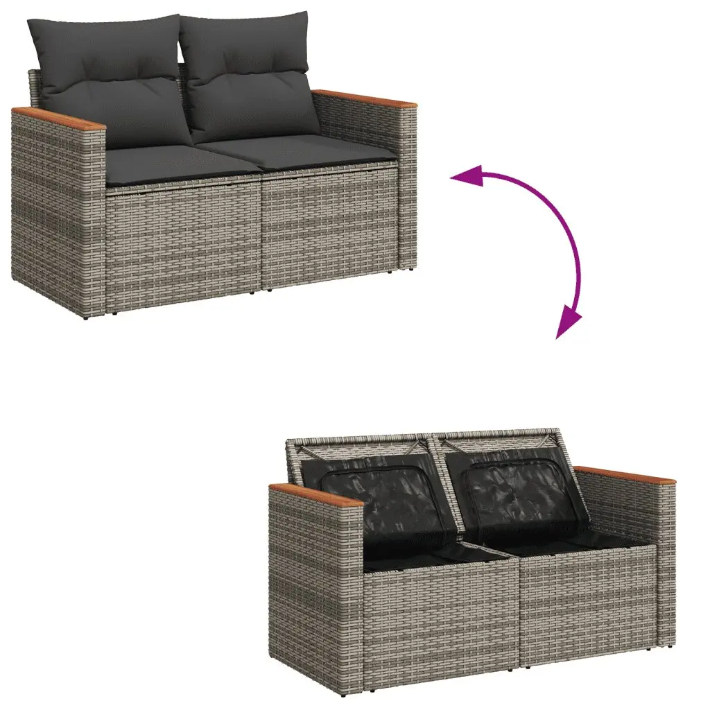 Garden Sofa Set PE Rattan 9 Piece Modular Outdoor Furniture Grey Acacia Wood Tabletop