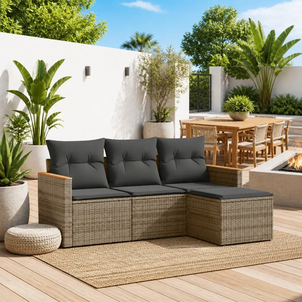 Grey Poly Rattan 4-Piece Garden Sofa Set