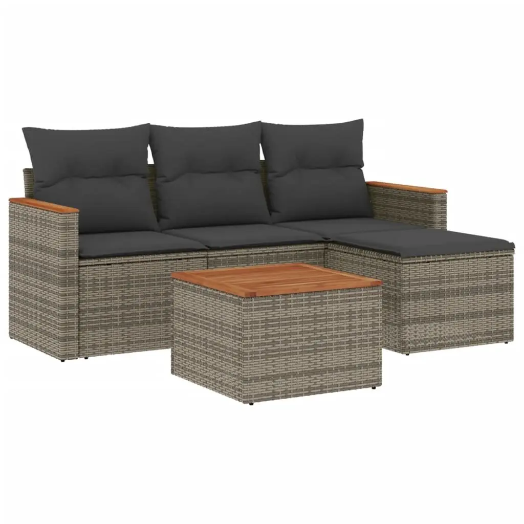 5 Piece Garden Sofa Set PE Rattan Grey with Cushions Acacia Wood Table