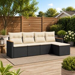 Black Poly Rattan 5-Piece Garden Sofa Set with Cushions