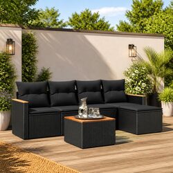 6-Piece Black Poly Rattan Garden Sofa Set for Outdoors