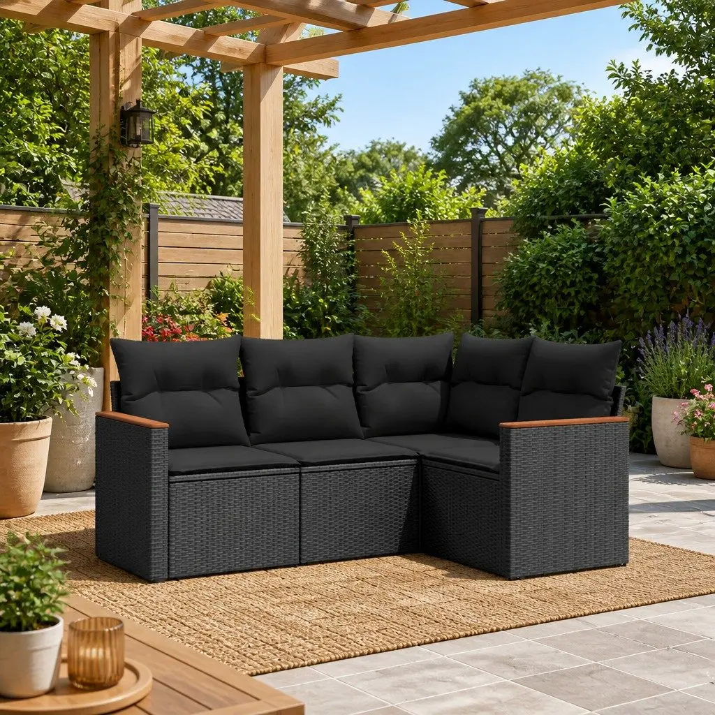 Black Poly Rattan 4-Piece Garden Sofa Set with Cushions