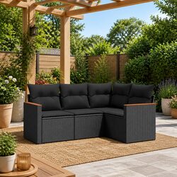 Black Poly Rattan 4-Piece Garden Sofa Set with Cushions