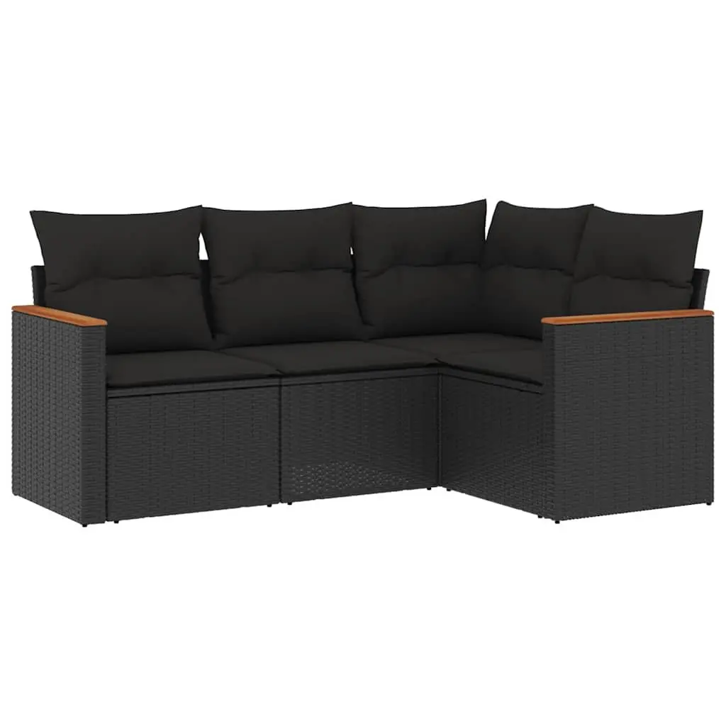 Black Poly Rattan 4-Piece Garden Sofa Set with Cushions