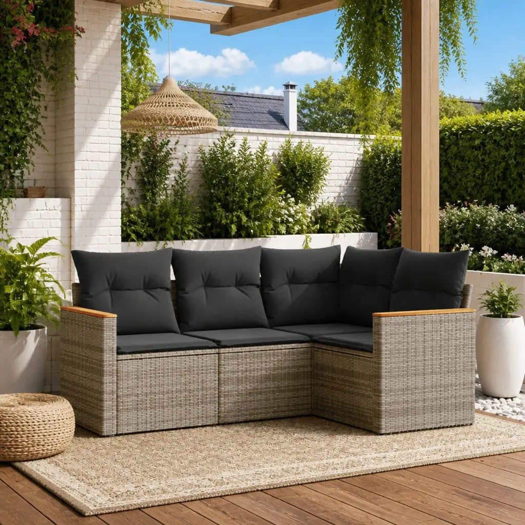 Garden Sofa Set PE Rattan 4 Piece Outdoor Furniture Grey with Cushions Storage