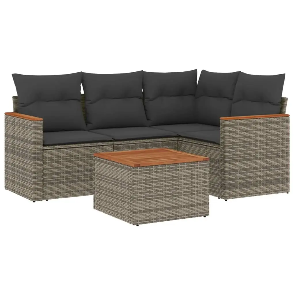 5 Piece Garden Sofa Set PE Rattan Acacia Wood Grey Outdoor Patio Furniture