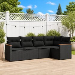 5 Piece Black Poly Rattan Outdoor Sofa Set with Cushions