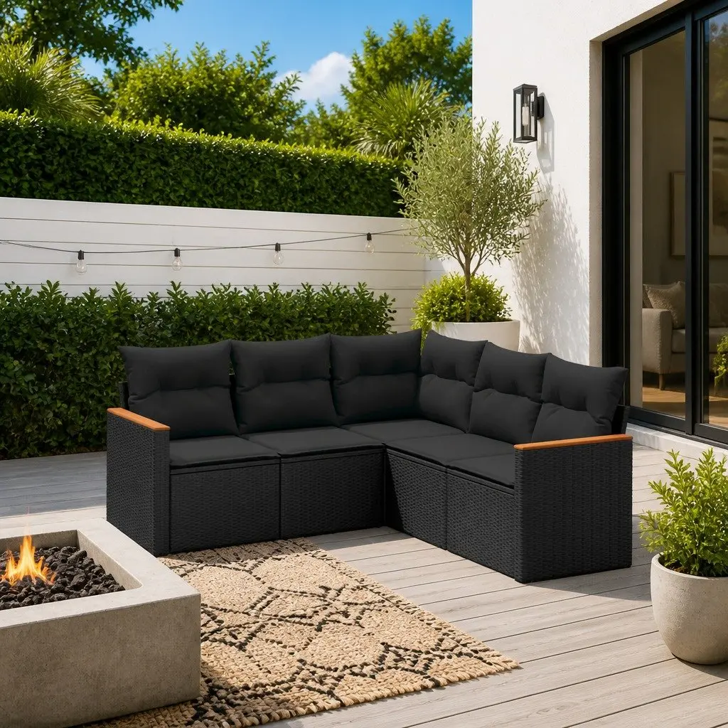 Garden Sofa Set PE Rattan 5 Piece Outdoor Patio Furniture Black Modular