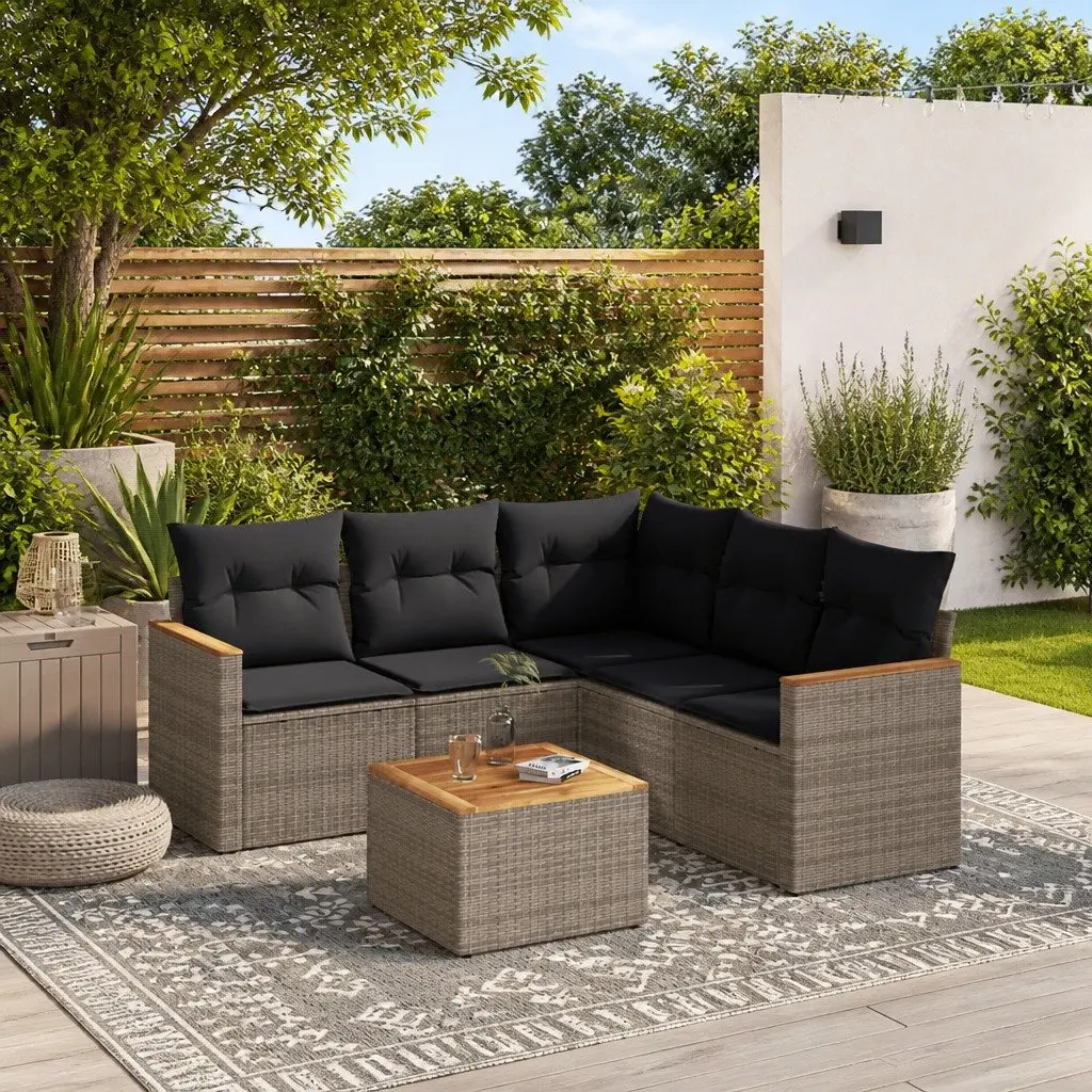 6 Piece Modular Grey Outdoor Sofa Set with Acacia Tabletop