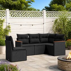 5 Piece Black Poly Rattan Garden Sofa Set with Storage