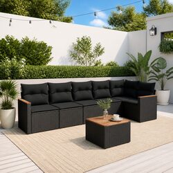 7-Piece Black Poly Rattan Garden Sofa Set