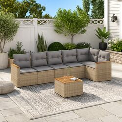 Beige Poly Rattan 7-Piece Outdoor Garden Sofa Set