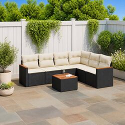 7-Piece Black Poly Rattan Outdoor Sofa Set with Cushions