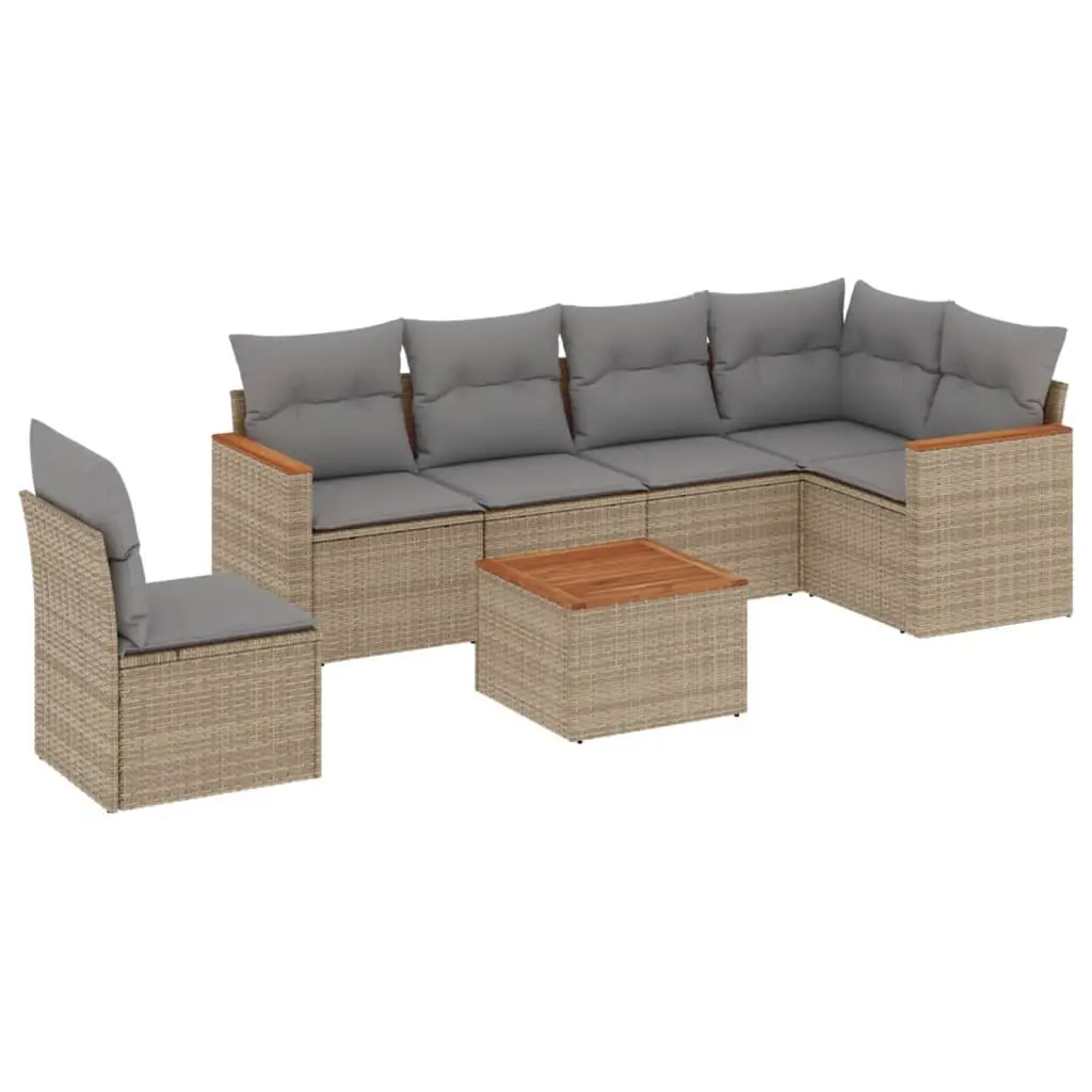 7 Piece Garden Sofa Set PE Rattan Beige with Cushions Acacia Wood Tabletop