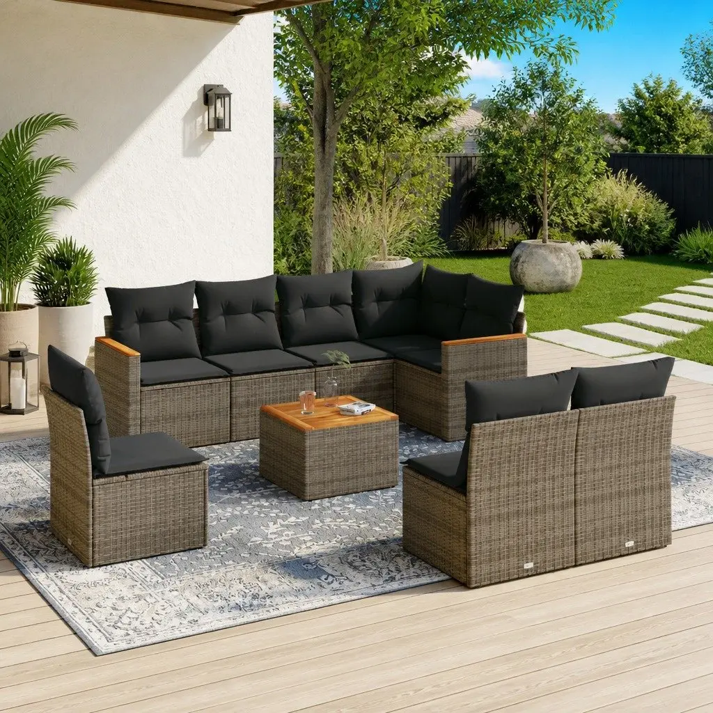Garden Sofa Set PE Rattan Frame Acacia Wood Table Top 9 Piece Outdoor Furniture Grey