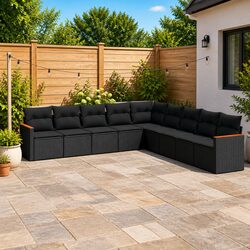 9-Piece Black Poly Rattan Garden Sofa Set for Outdoors