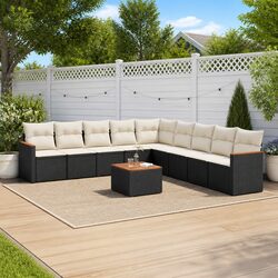 10-Piece Black Poly Rattan Garden Sofa Set for Outdoor Spaces
