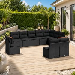 Modular 10 Piece Black Poly Rattan Garden Sofa Set