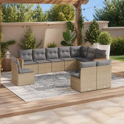 Beige 10-Piece Garden Sofa Set with Cushions and Storage
