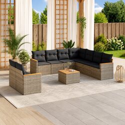 10-Piece Grey Poly Rattan Garden Sofa Set with Cushions