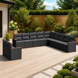 11-Piece Modular Black Poly Rattan Garden Sofa Set