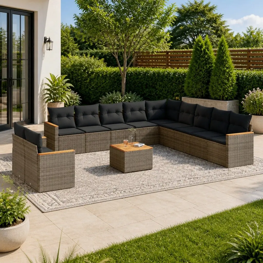 Modular 12-Piece Garden Sofa Set in Grey with Acacia Wood