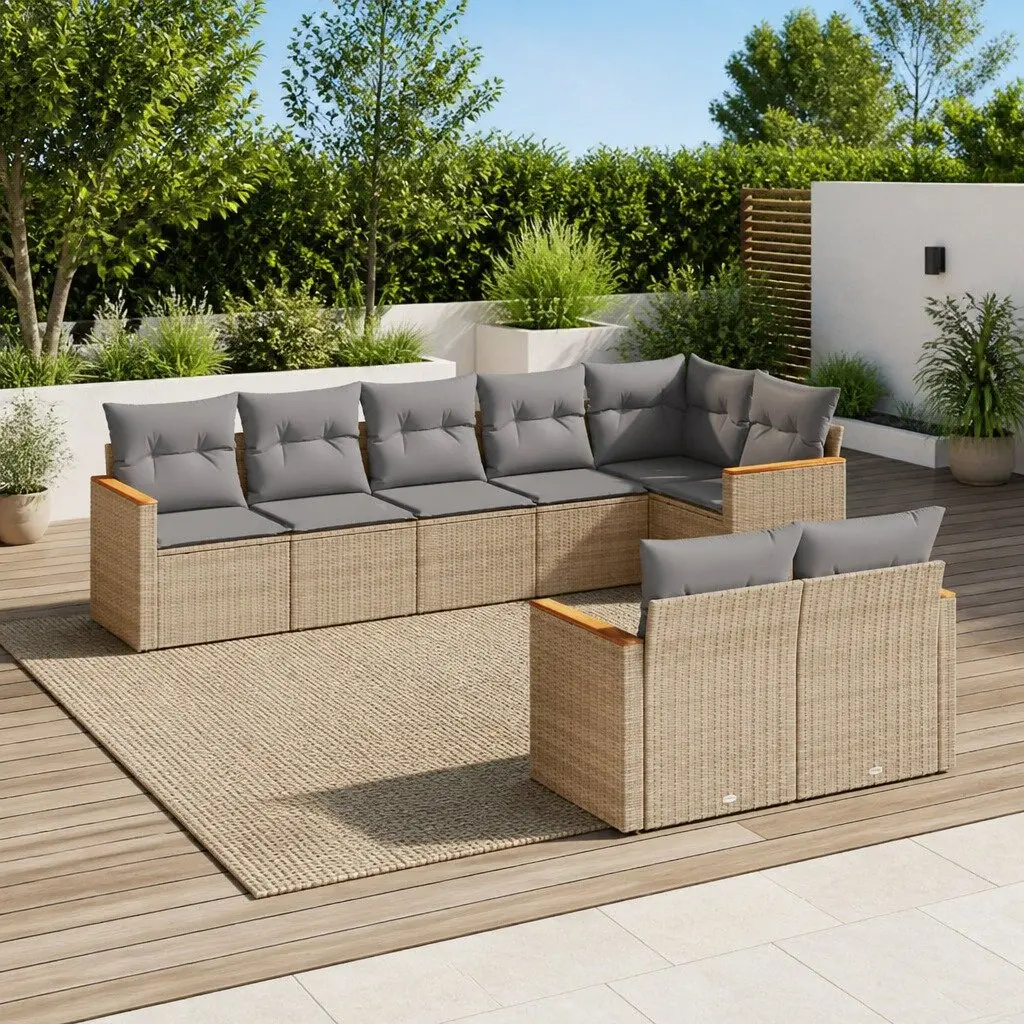 8 Piece Outdoor Garden Sofa Set PE Rattan Modular Patio Furniture with Cushions Beige
