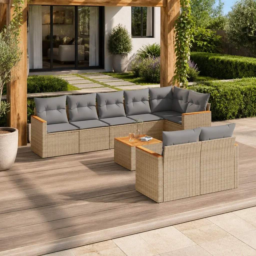 Garden Sofa Set PE Rattan 9 Piece Outdoor Furniture Beige Modular Patio Lounge