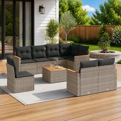 9-Piece Grey Poly Rattan Garden Sofa Set with Cushions