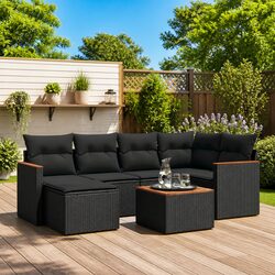 Sturdy 7 Piece Black Rattan Garden Sofa Set with Cushions