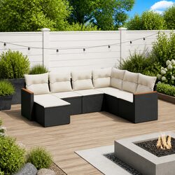7-Piece Modular Black Poly Rattan Garden Sofa Set