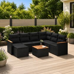 8-Piece Black Poly Rattan Garden Sofa Set