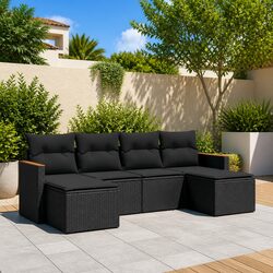 6 Piece Outdoor Garden Sofa Set - Black Poly Rattan