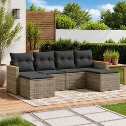 6-Piece Grey Poly Rattan Garden Sofa Set for Outdoors