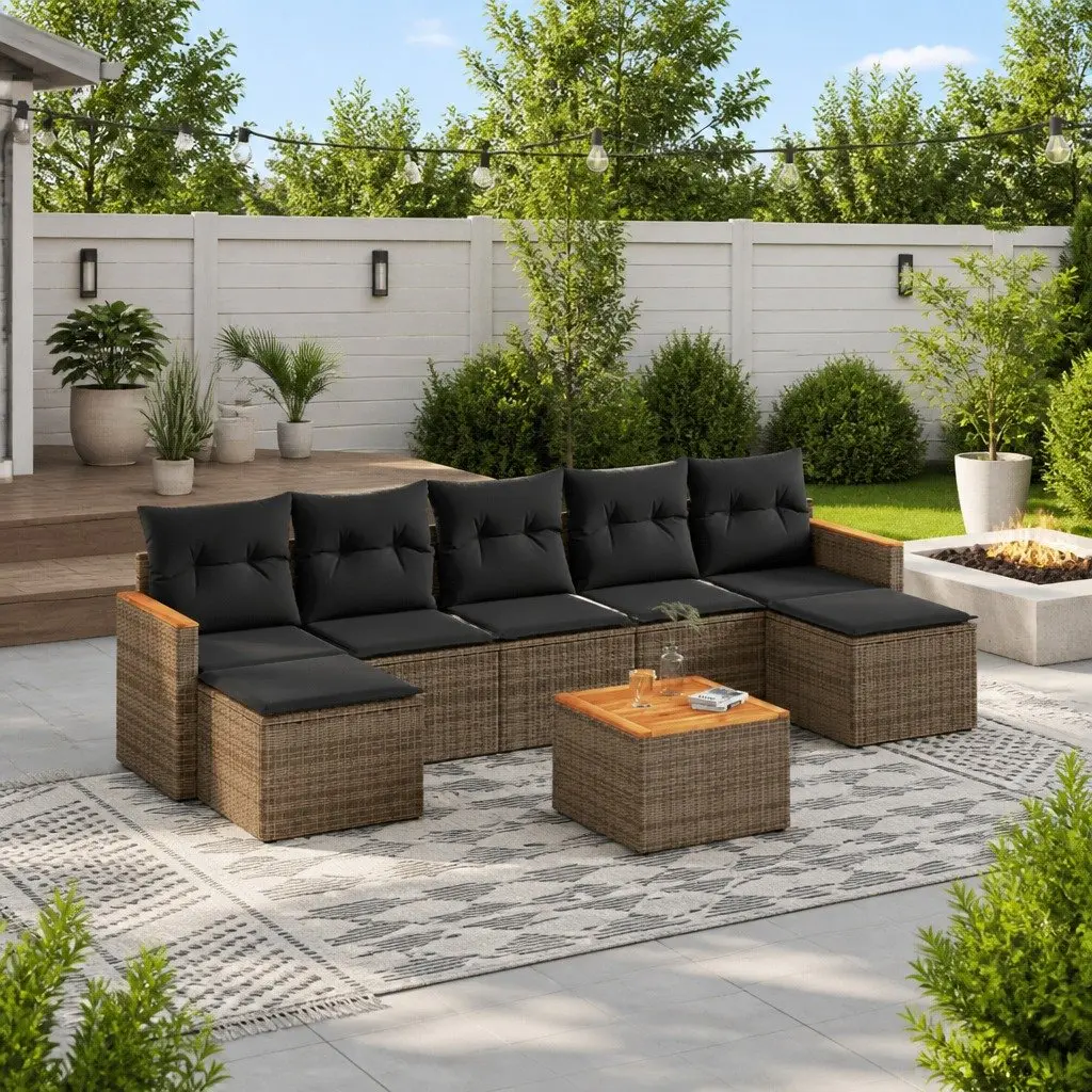Garden Sofa Set PE Rattan 8 Piece Modular Outdoor Furniture Grey Acacia Wood