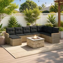 9 Piece Outdoor Furniture Set with Grey Poly Rattan