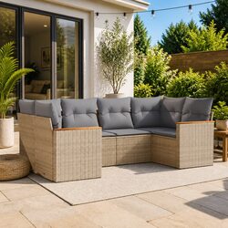 Beige Poly Rattan 6-Piece Outdoor Sofa Set