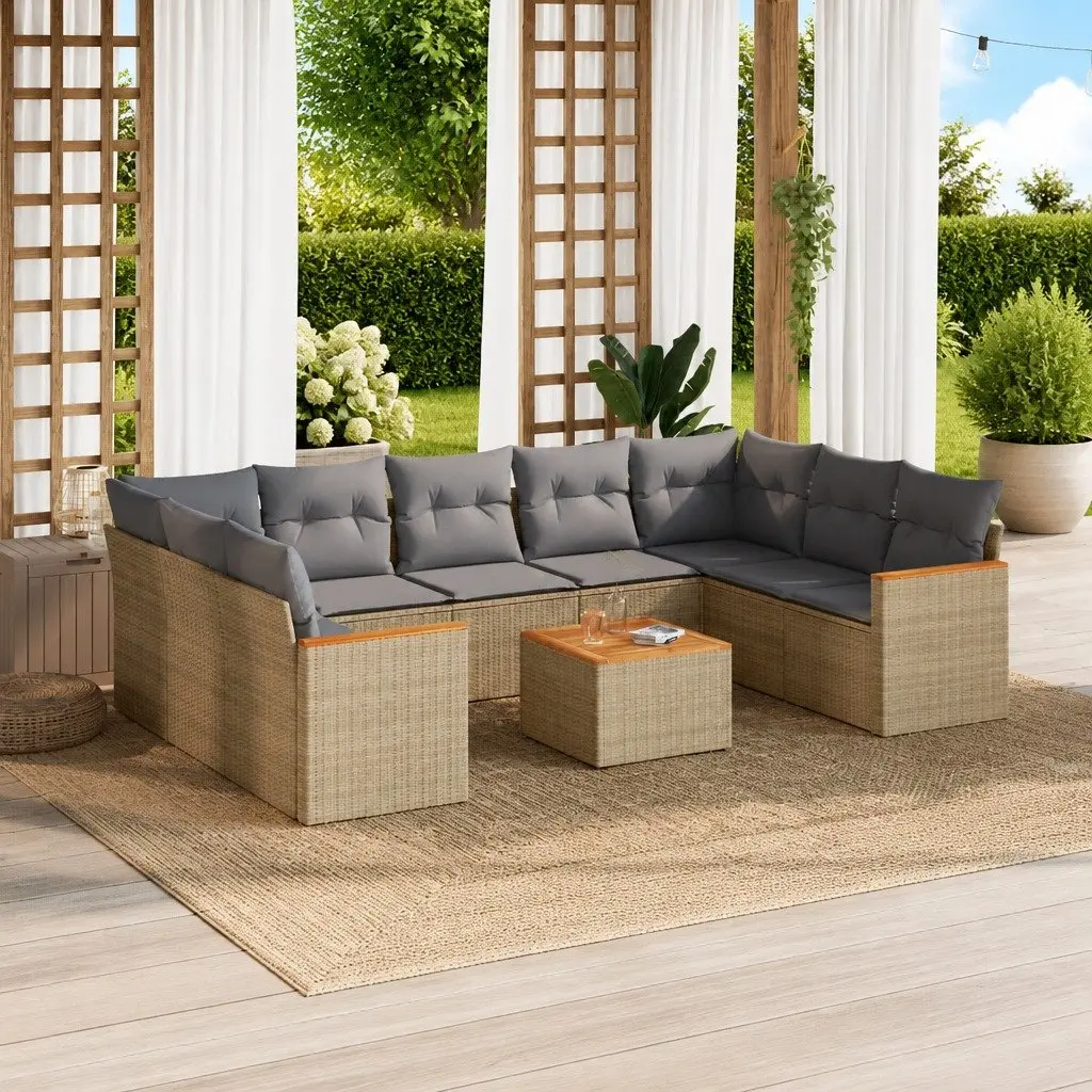 10 Piece Garden Sofa Set Poly Rattan Beige with Cushions