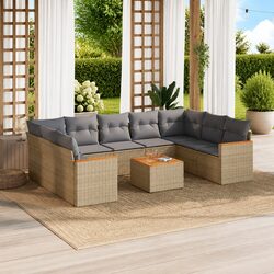 Beige Poly Rattan 10 Piece Garden Sofa Set with Cushions
