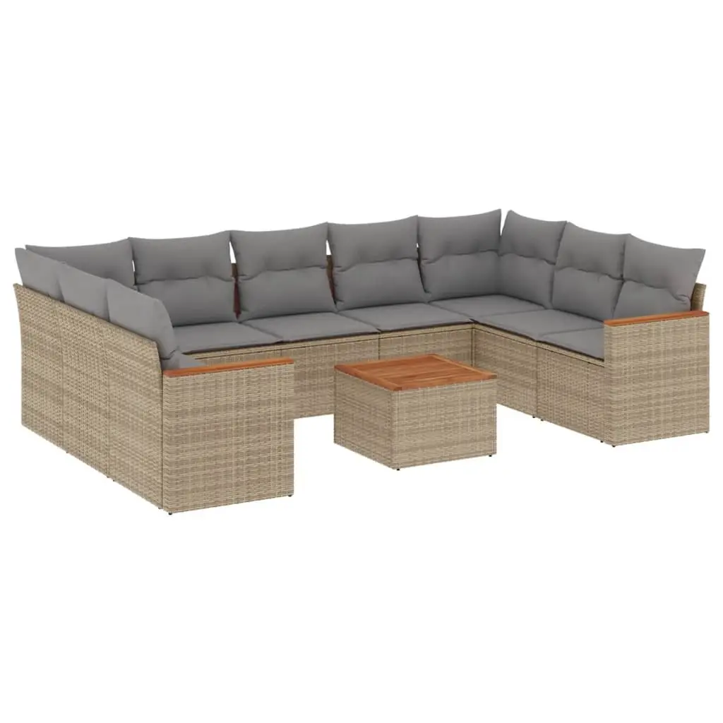 10 Piece Garden Sofa Set Poly Rattan Beige with Cushions