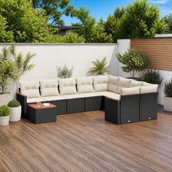 Black Poly Rattan Garden Sofa Set - 10 Pieces with Cushions