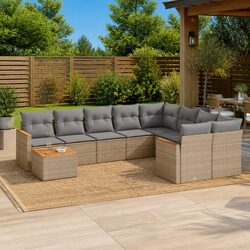 10 Piece Beige Poly Rattan Garden Sofa Set for Outdoors
