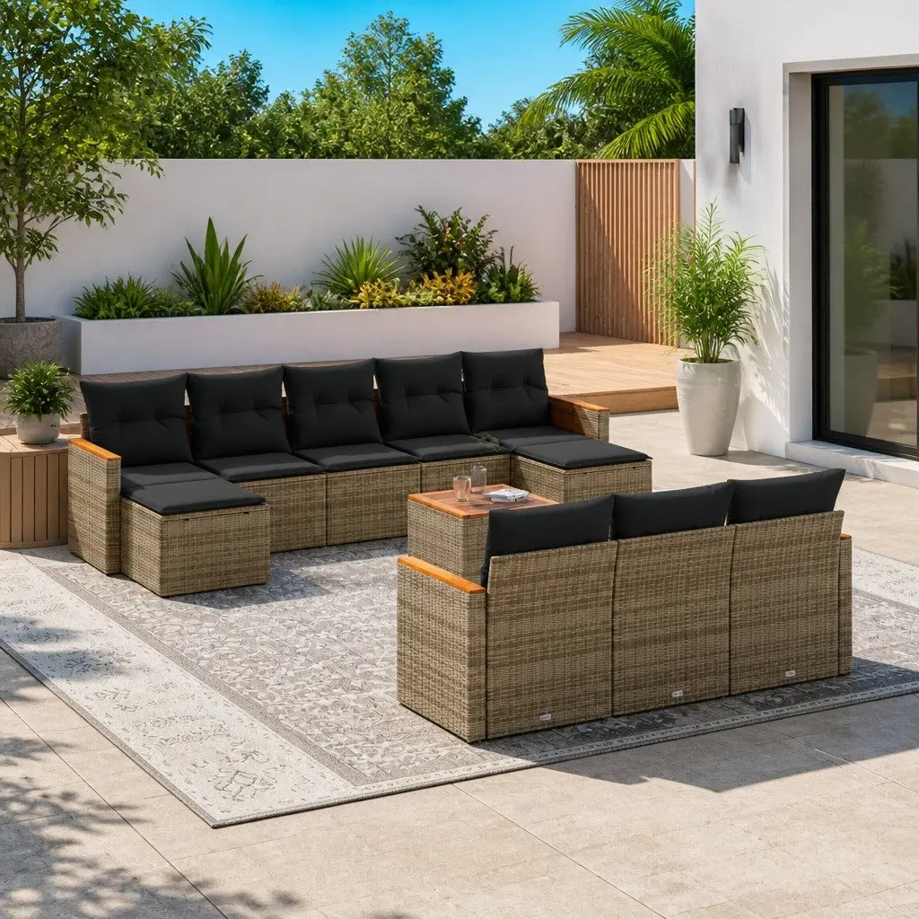 11-Piece Grey Poly Rattan Garden Sofa Set