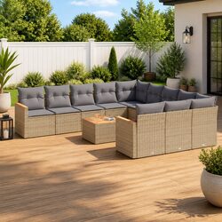 Beige Poly Rattan Garden Sofa Set – 12 Pieces Modular