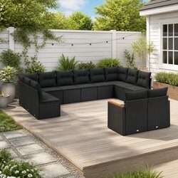 Durable 12-Piece Black Poly Rattan Garden Sofa Set