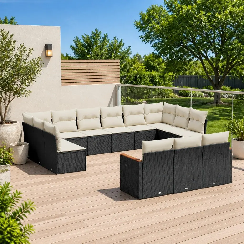 13-Piece Black Poly Rattan Garden Sofa Set